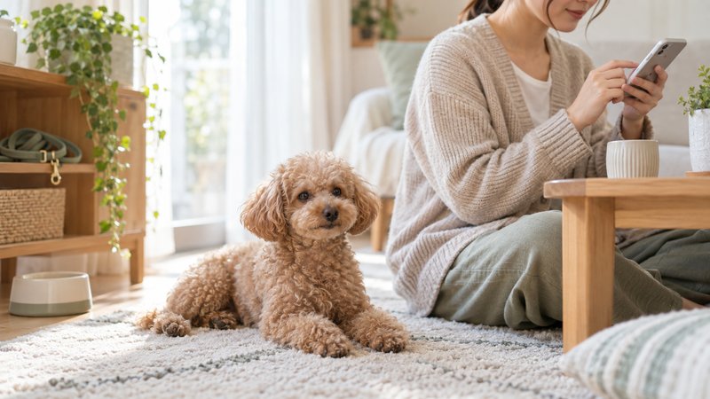日常の小さな変化を受診時の手がかりに 自宅でくつろぐ犬のそばで、飼い主がスマートフォンに日常の様子を記録しているイメージ