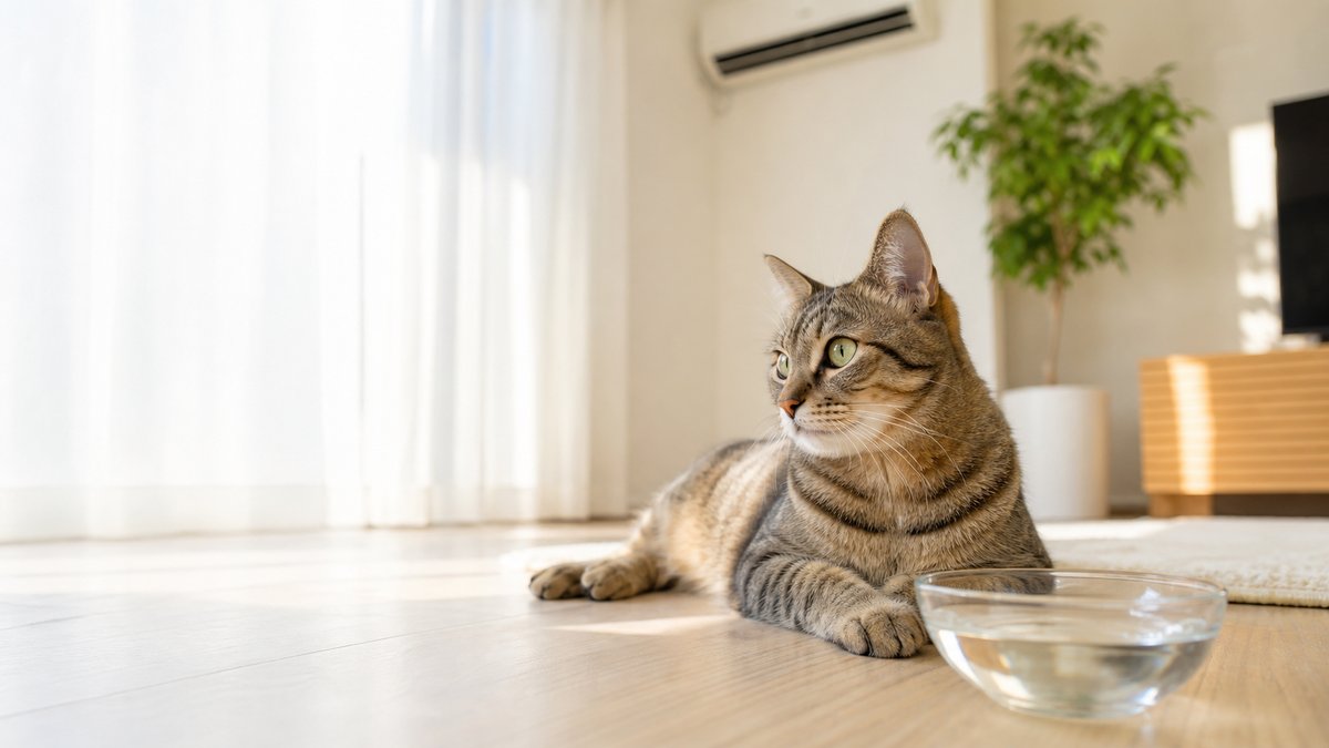 夏の室内で涼しい床に横たわる猫と水の器