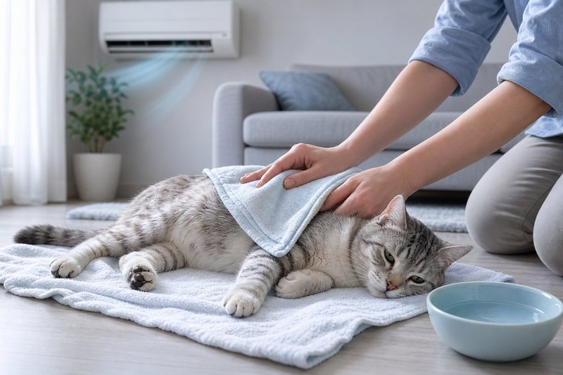 涼しい室内で猫の体に濡らしたタオルを当てる応急処置