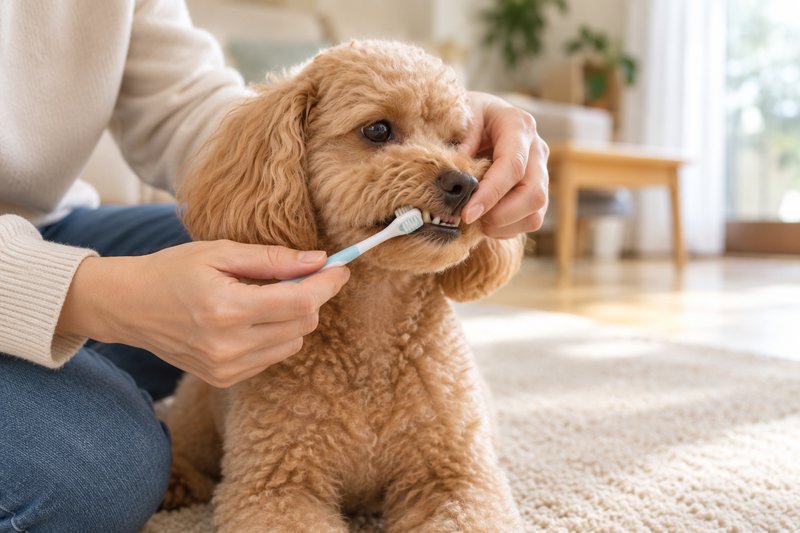 家庭で飼い主が犬の唇を持ち上げて歯を磨く様子