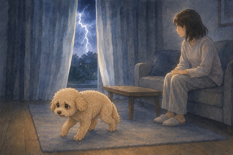 雷の夜、そわそわして落ち着けない様子 夜のリビングで落ち着きなく歩き回る犬と、静かに見守る飼い主