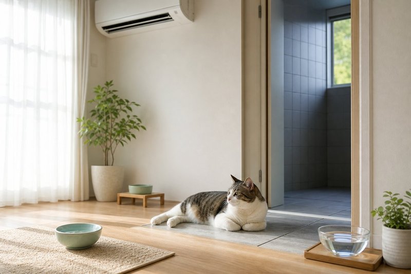 エアコンと複数の水飲み場、涼しい場所を確保した猫の室内環境