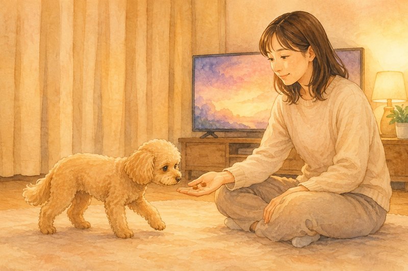 大きな音がしたら、その直後におやつを。「音=いいことが起きる」を育てます カーテンを閉めた部屋で、飼い主が犬におやつを差し出している