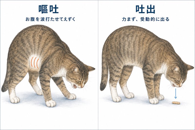 猫の嘔吐と吐出の違い 猫の嘔吐と吐出の違い。嘔吐はお腹を波打たせてえずき、吐出は力まず受動的に出る